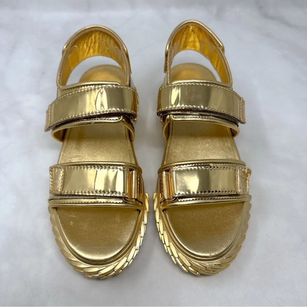 NEW Giuseppe Zanotti Blabber Gummy Chrome Gold Leather Platform Dad Sandals 36
